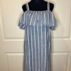 J. Crew striped chambray off shoulder dress with ruffle - MEDIUM
